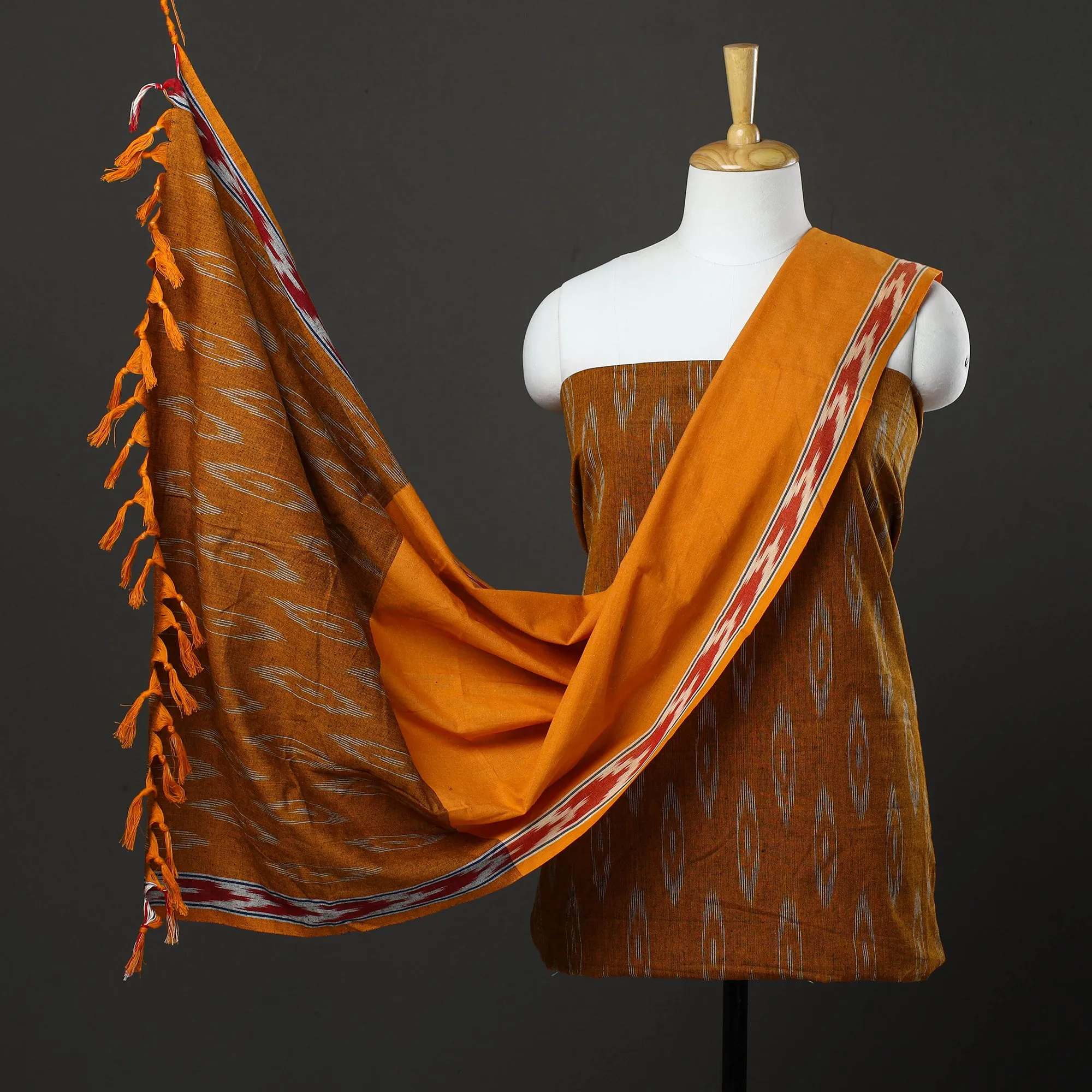 Orange - 3pc Cotton Handloom Pochampally Ikat Dress Material 02