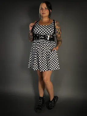 Outfit Set - Tommyrot Checkered Skater Dress & Patent PU Leather Two Buckle Harness Belt