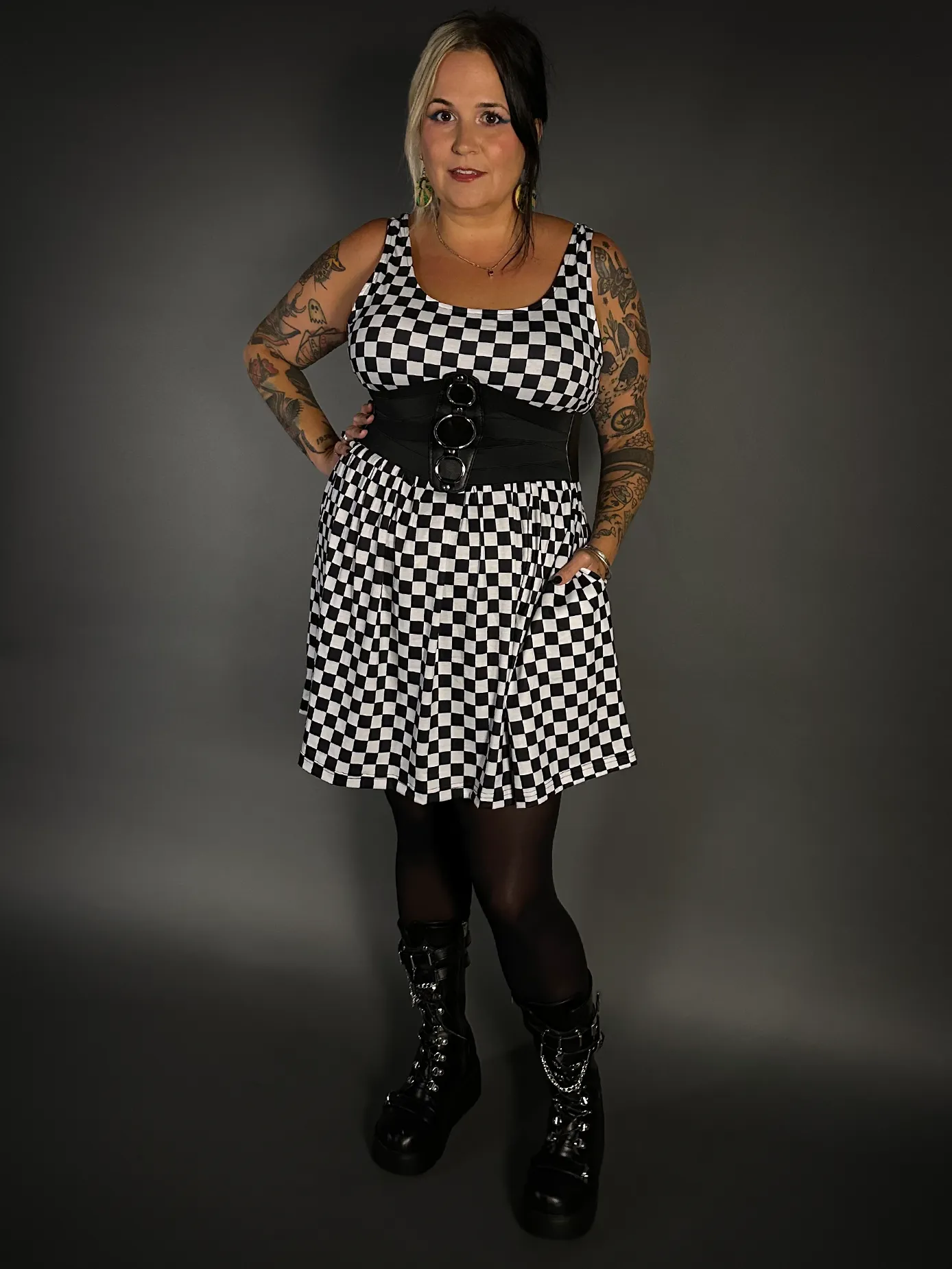 Outfit Set - Tommyrot Checkered Skater Dress & Three O-ring Front Detail Corset Belt