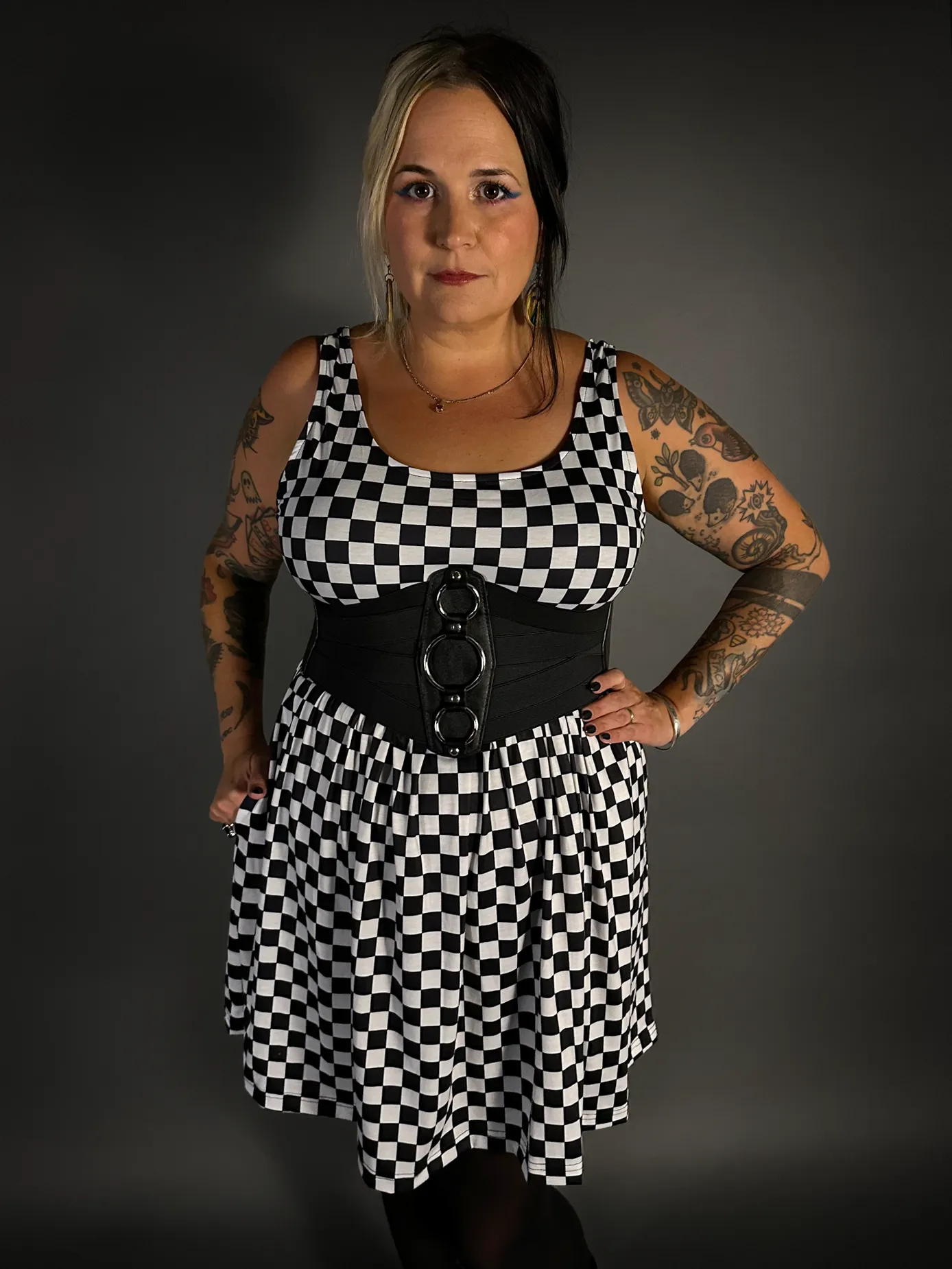 Outfit Set - Tommyrot Checkered Skater Dress & Three O-ring Front Detail Corset Belt