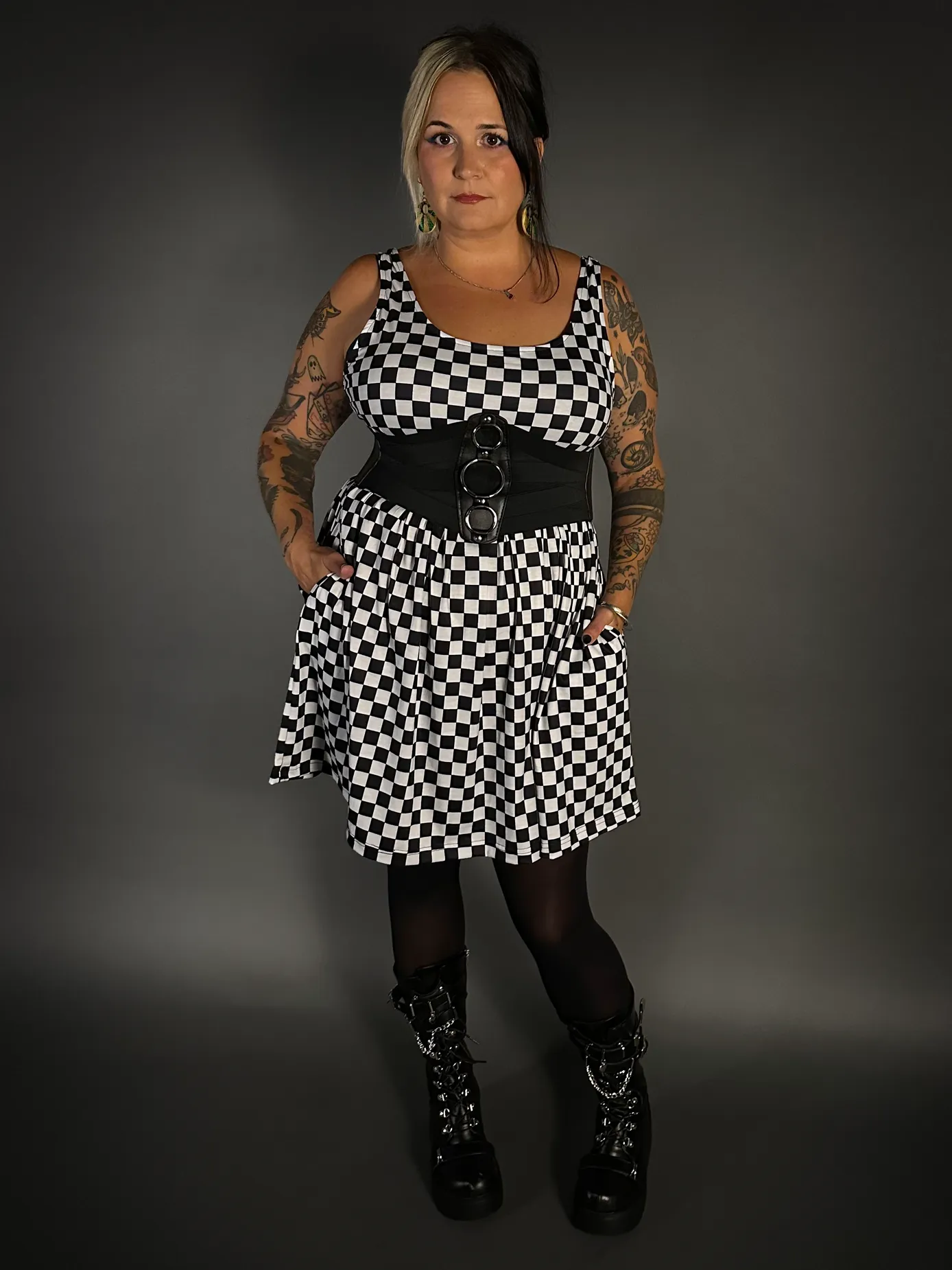 Outfit Set - Tommyrot Checkered Skater Dress & Three O-ring Front Detail Corset Belt