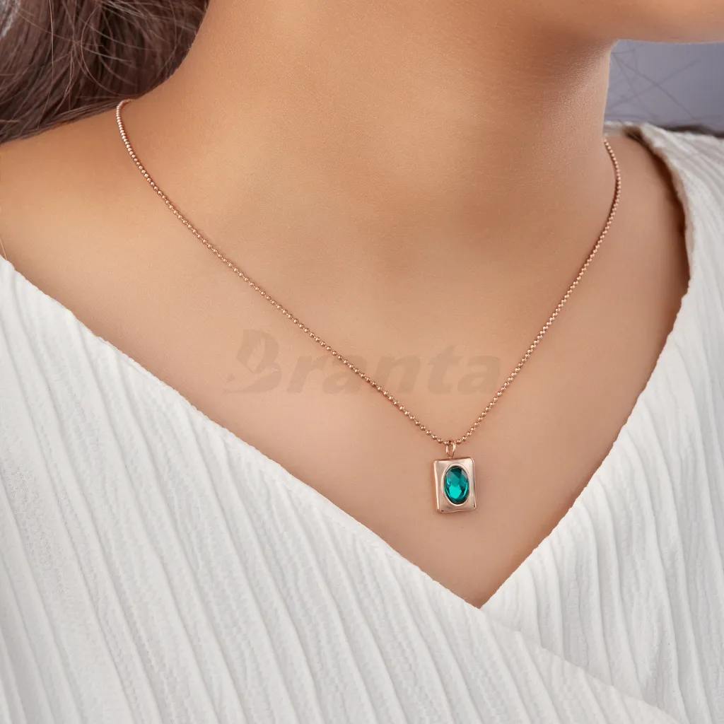 Oval Emerald Diamond Pendant Rose Gold Necklace For Women