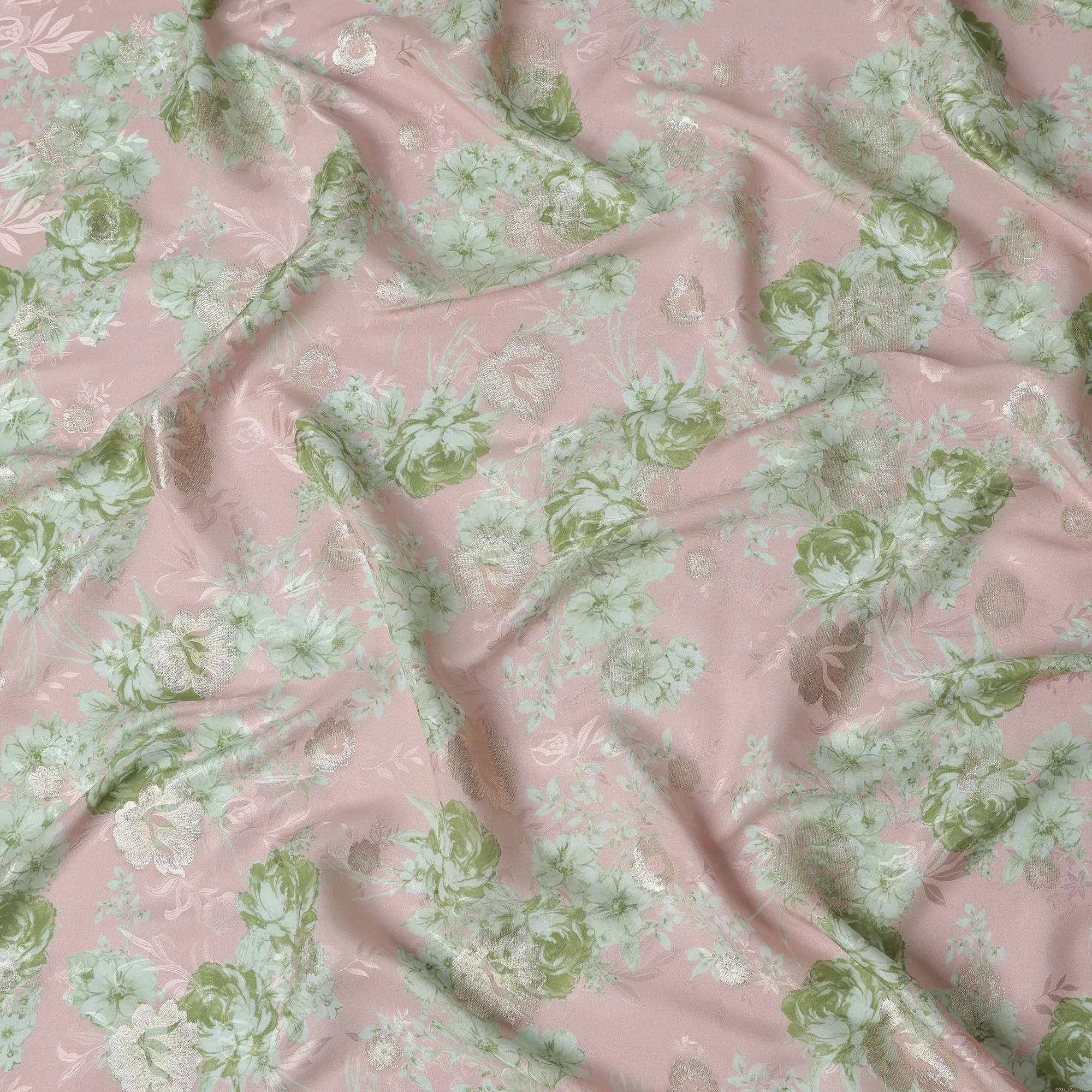 Pale Pink and Green Floral Silk Satin Fabric with Metallic Accents, Width 140 cm, South Korea-D21291