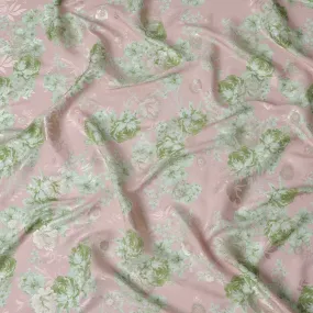 Pale Pink and Green Floral Silk Satin Fabric with Metallic Accents, Width 140 cm, South Korea-D21291