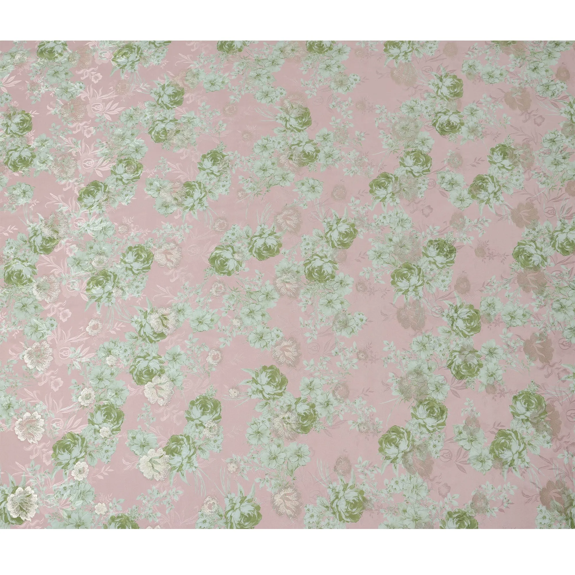 Pale Pink and Green Floral Silk Satin Fabric with Metallic Accents, Width 140 cm, South Korea-D21291