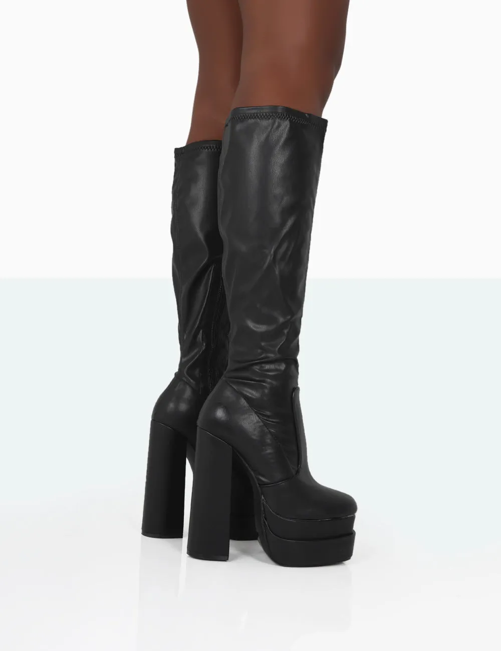 Passive Wide Fit Black Pu Platform Block High Heel Over the Knee Boots