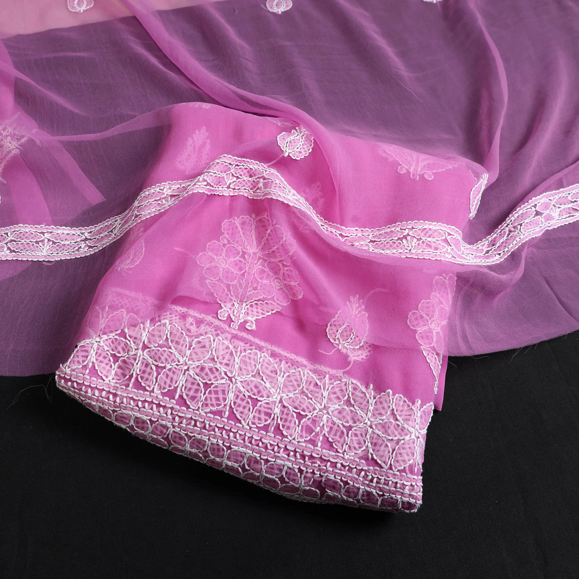 Pink - 3pc Hand Embroidery Georgette Chikankari Dress Material 11