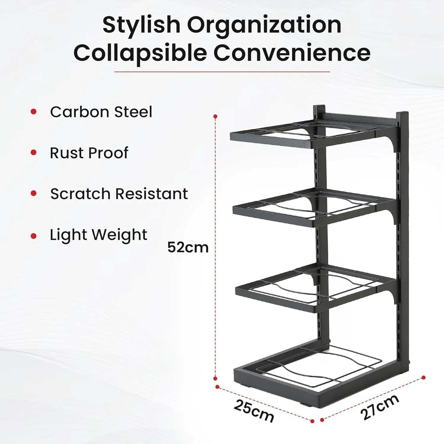 Plantex 4-Layer Pots and Pans Organiser Rack|Kitchen Organization And Storage|Adjustable Pot Lid Holder Rack|Home Kitchen Accessories (Black)