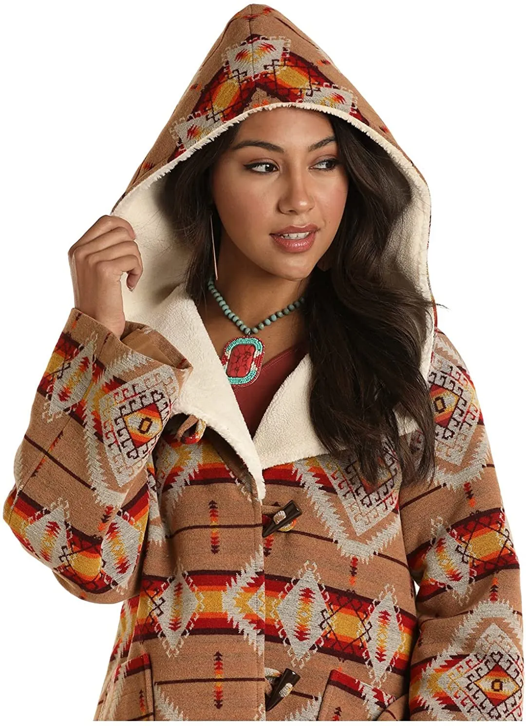 Powder River Outfitters Women's Aztec Jacquard Wool Cape Coat, Tan