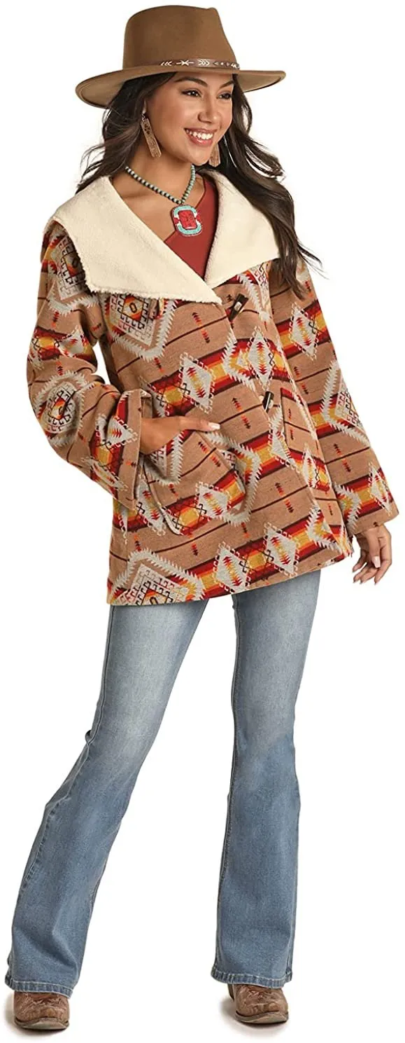 Powder River Outfitters Women's Aztec Jacquard Wool Cape Coat, Tan