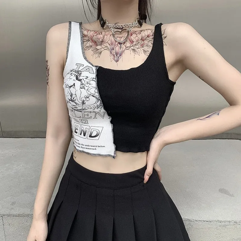 Punk Style Patchwork Tank Tops Aesthetic Letter And Graphic Print Women Crop Top Color Blocking Sleeveless Streetwear