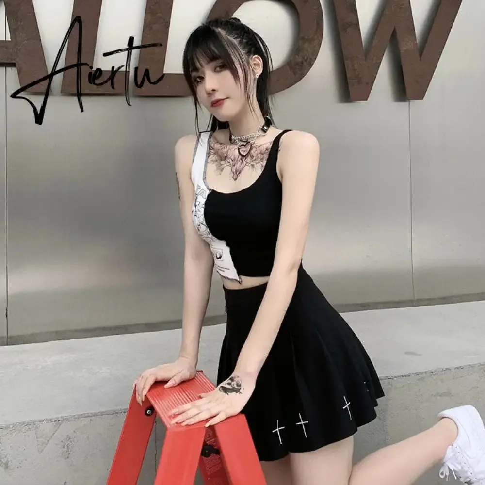 Punk Style Patchwork Tank Tops Aesthetic Letter And Graphic Print Women Crop Top Color Blocking Sleeveless Streetwear