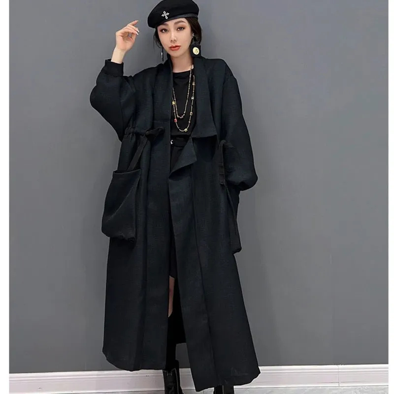 Purpdrank - 2023 Autumn Women Long Sleeves Lapel Trench Coat Loose Mid-length Frenulum High Waist Fashion Big Pocket Coat