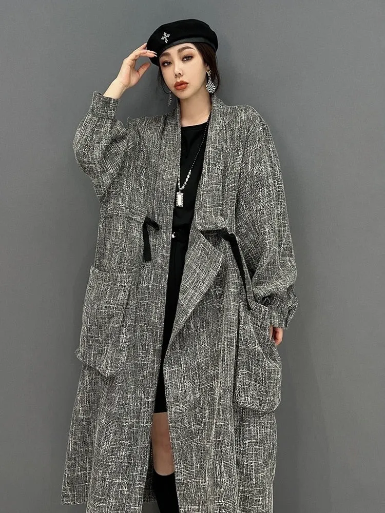 Purpdrank - 2023 Autumn Women Long Sleeves Lapel Trench Coat Loose Mid-length Frenulum High Waist Fashion Big Pocket Coat