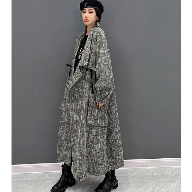 Purpdrank - 2023 Autumn Women Long Sleeves Lapel Trench Coat Loose Mid-length Frenulum High Waist Fashion Big Pocket Coat