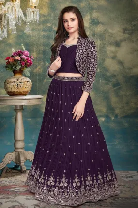 Purple Mirror, Stone, Thread and Zari work Jacket Styled Lehenga Choli for Girls