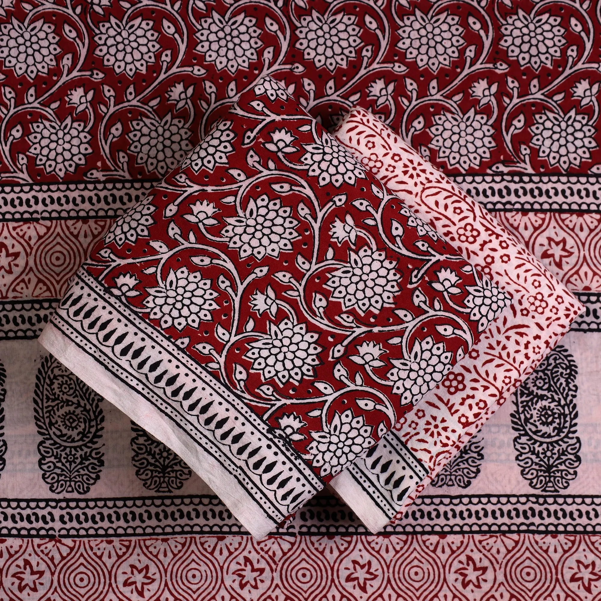 Red - 3pc Natural Dyed Cotton Bagh Print Suit Material Set 04