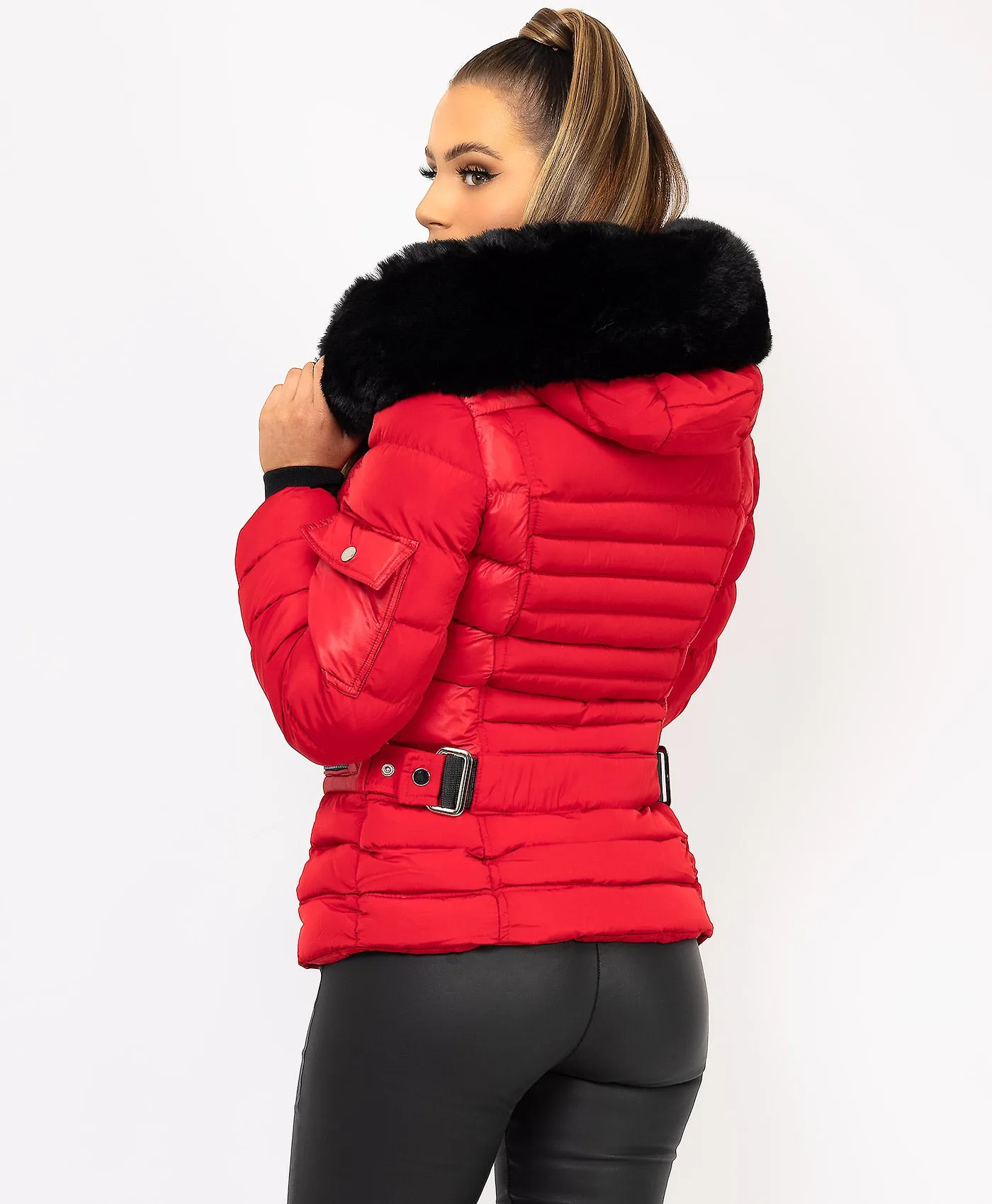 Red Padded Quilted Faux Fur Hood Puffer Jacket Coat