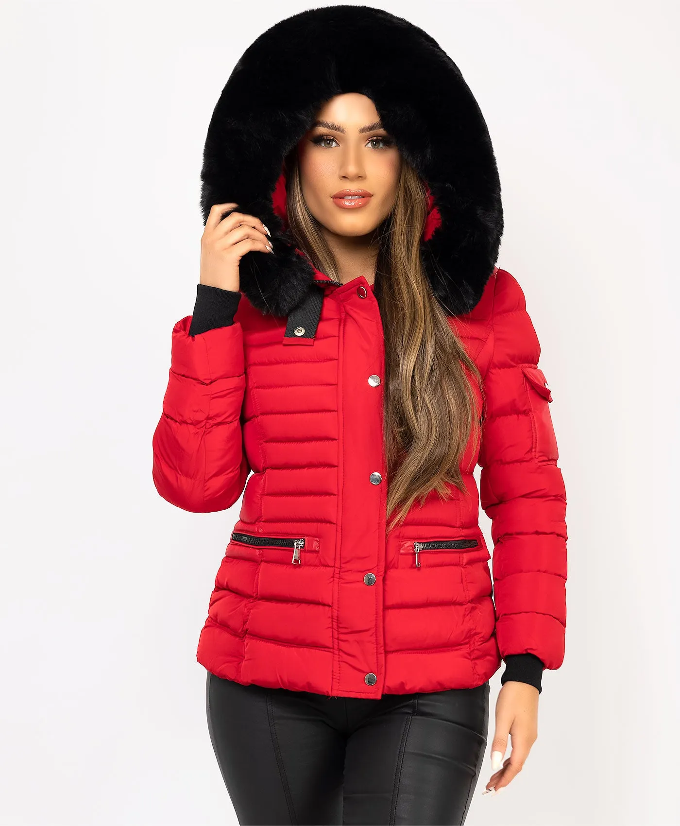 Red Padded Quilted Faux Fur Hood Puffer Jacket Coat