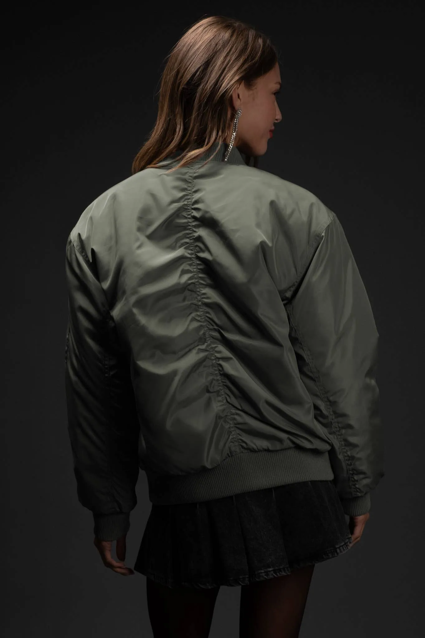 RUCHED ZIP UP BOMBER JACKET