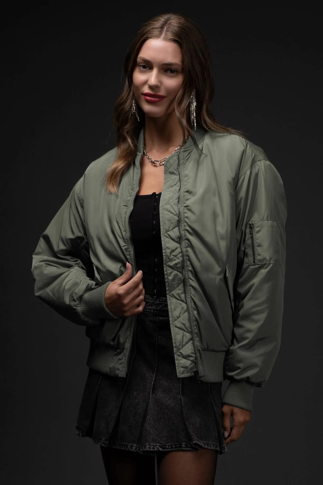 RUCHED ZIP UP BOMBER JACKET