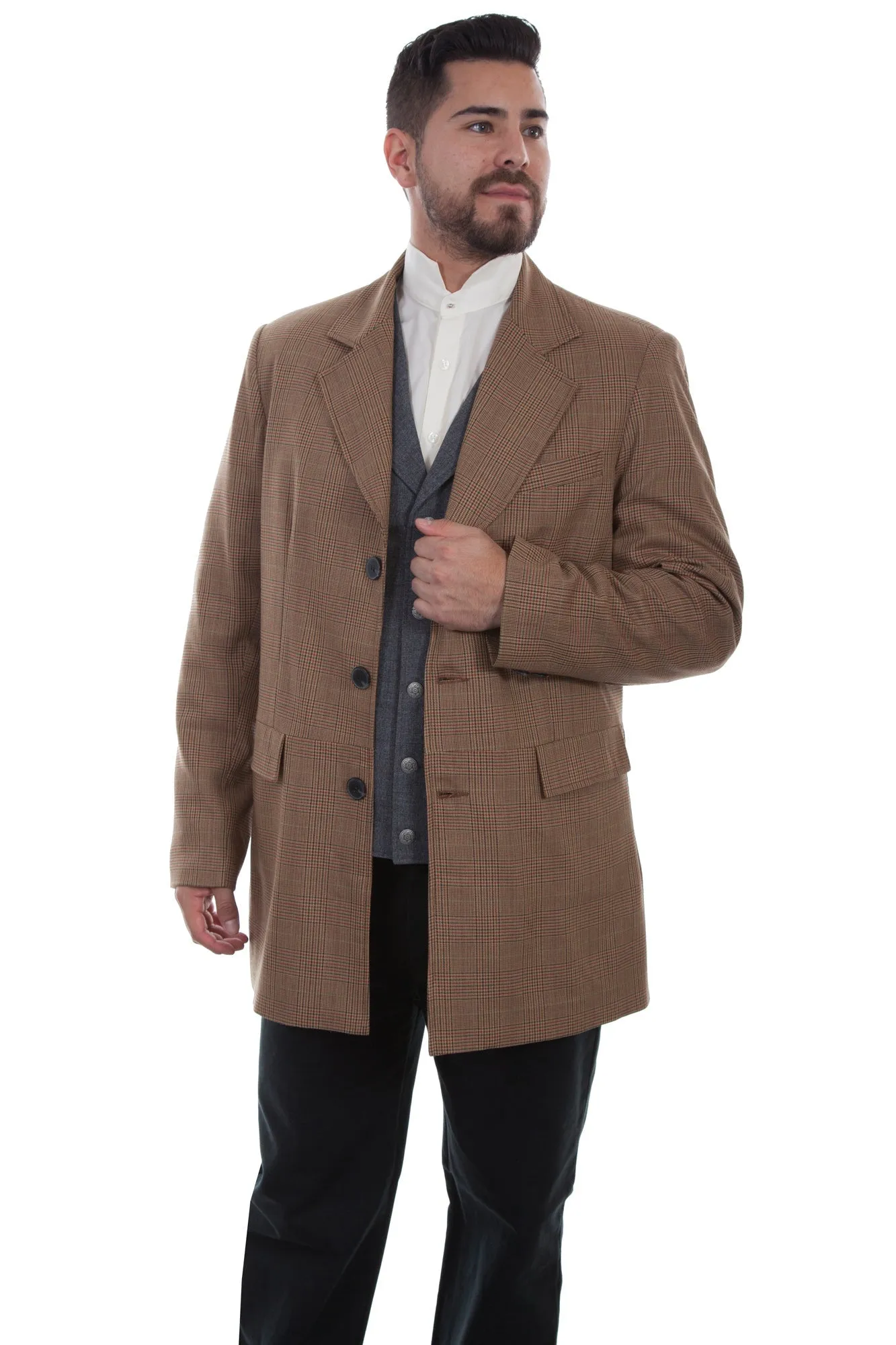 Scully Mens Plaid Town Tan Wool Blend Frock Coat