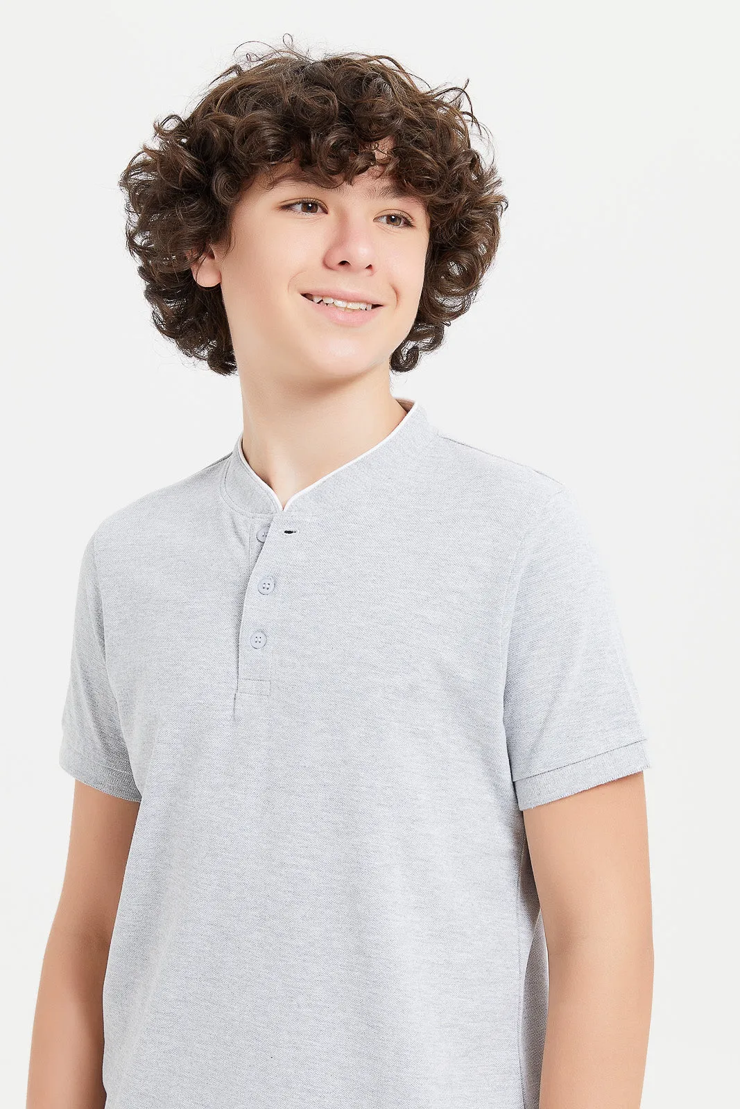 Senior Boys Grey Mandarin Collar Polo Shirt