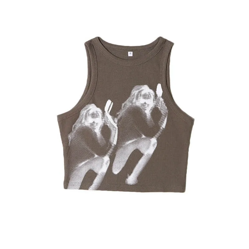 Shadow Girl Print Post Punk Crop Tank Top