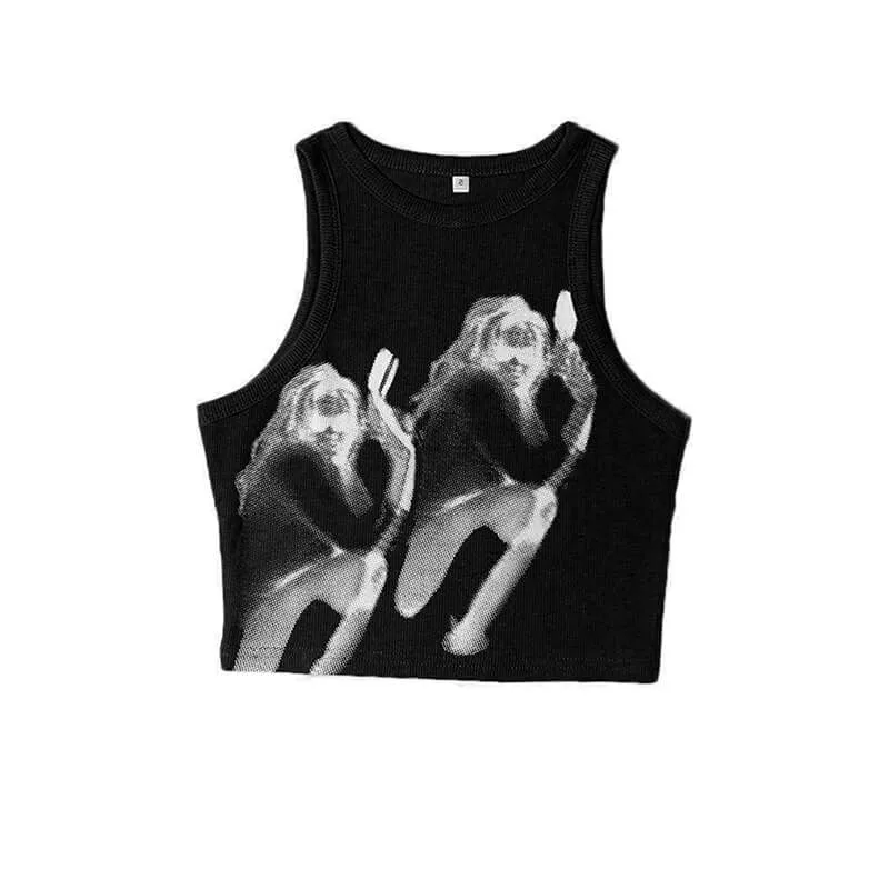 Shadow Girl Print Post Punk Crop Tank Top