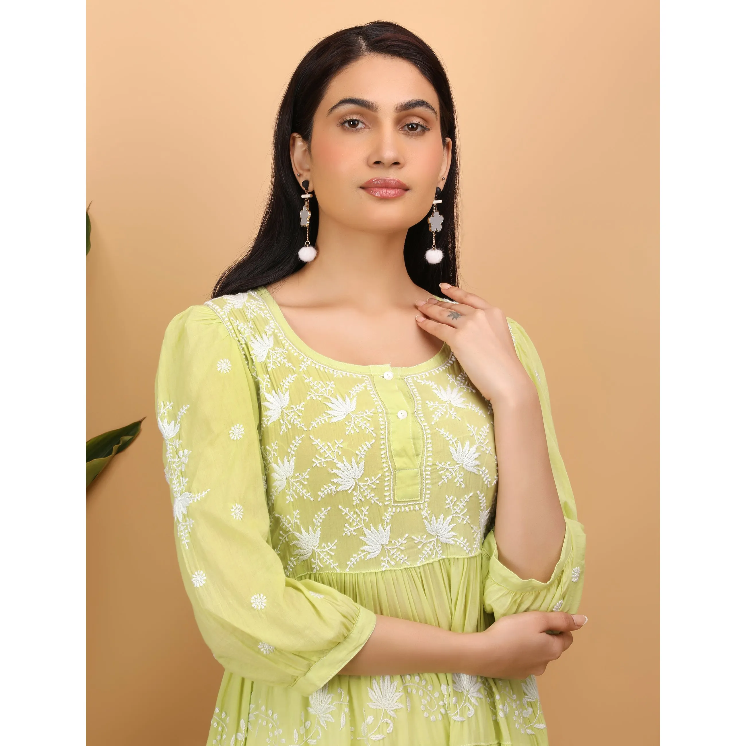 Shwet Women Green Mul Layer Chikankari Kurta