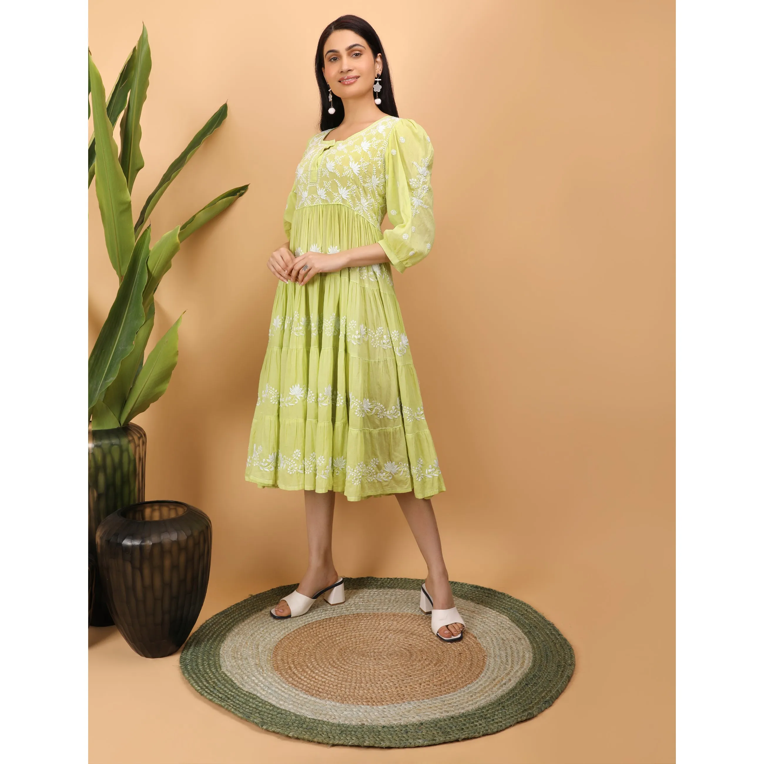 Shwet Women Green Mul Layer Chikankari Kurta