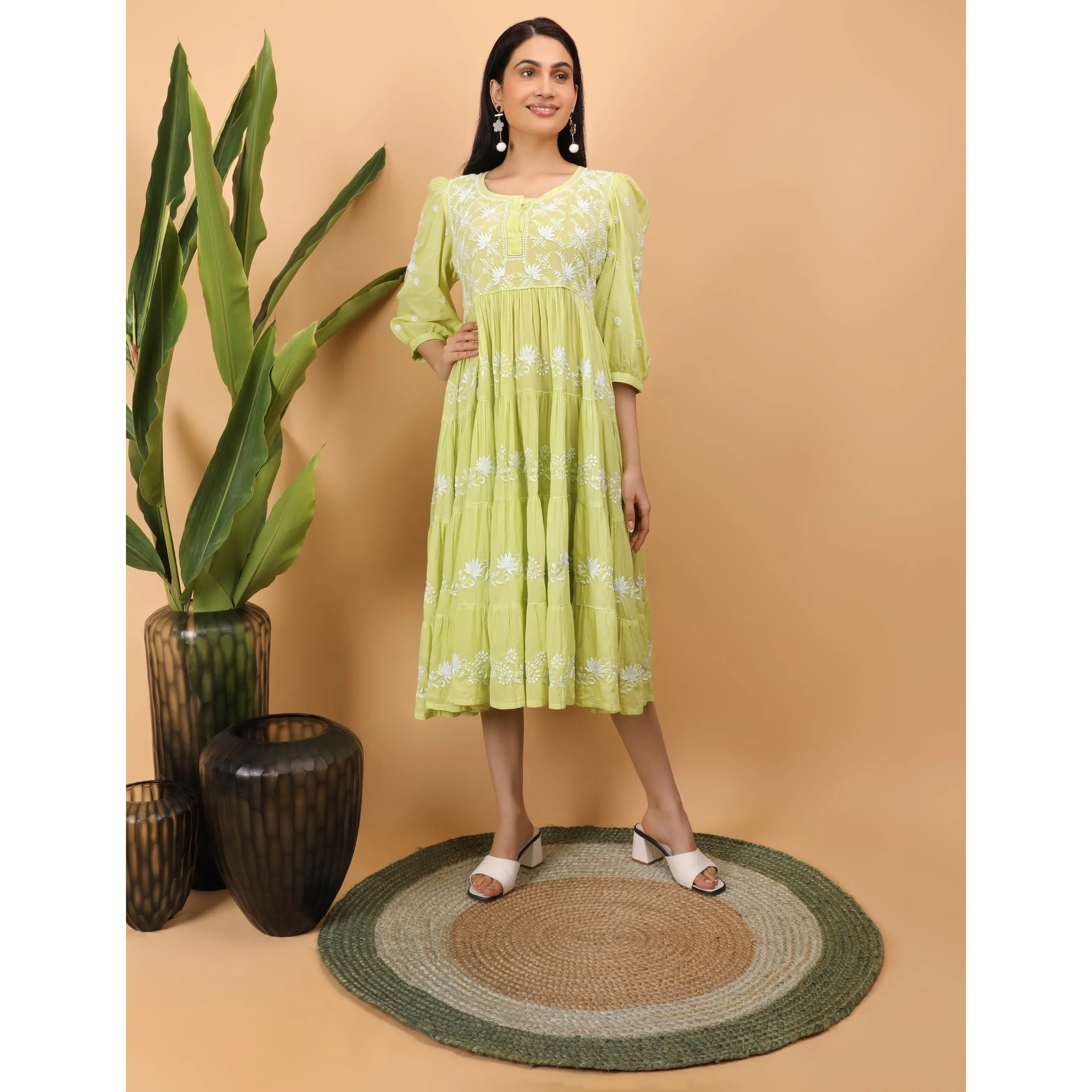 Shwet Women Green Mul Layer Chikankari Kurta