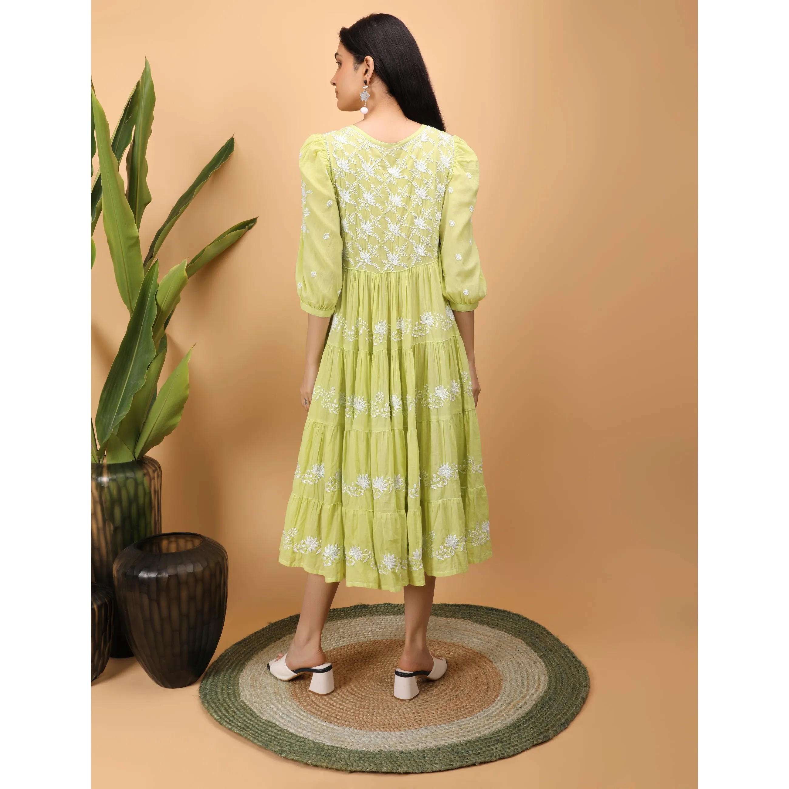 Shwet Women Green Mul Layer Chikankari Kurta