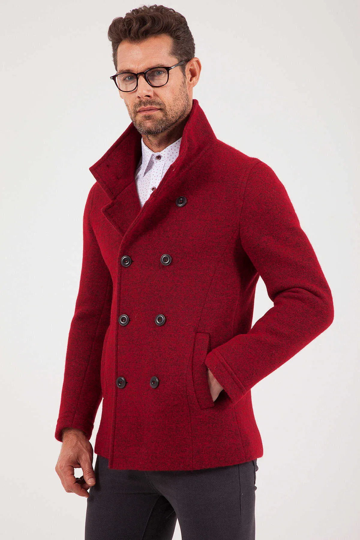 Slim Fit Notch Lapel Alpine Wool Gray Overcoat, Red