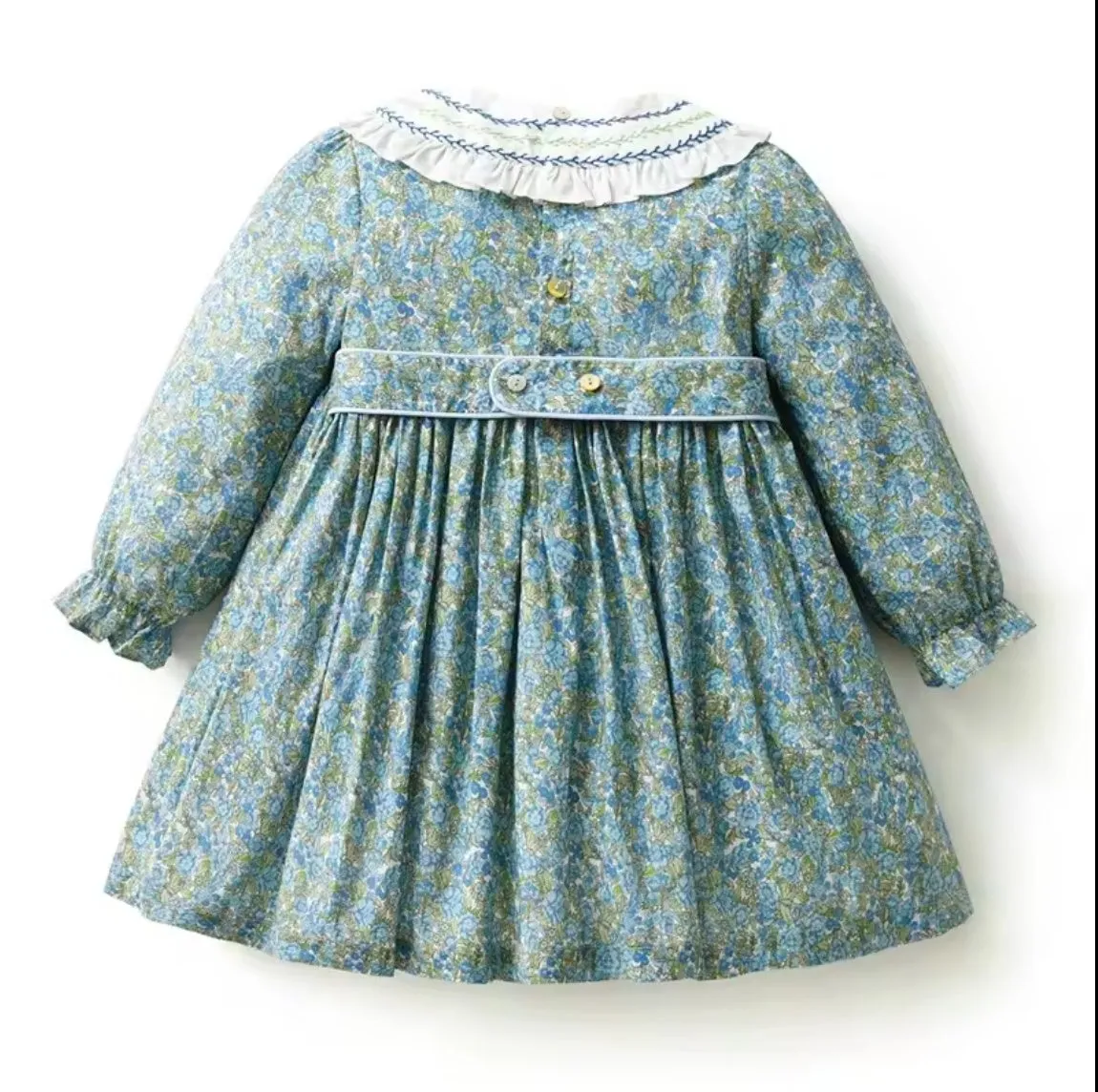 Smocked Green Floral Girl's Dress with Embroidered Collar