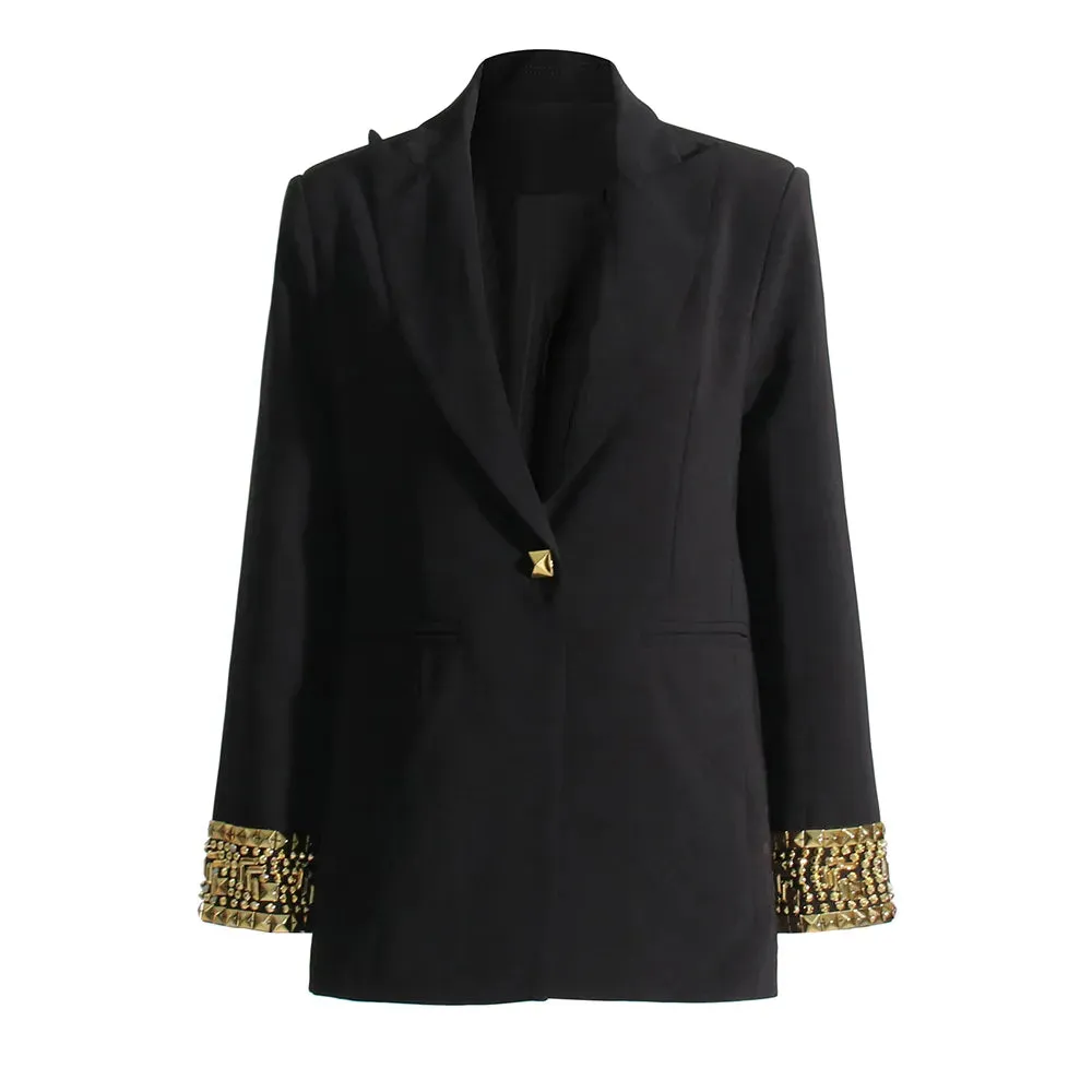 Solid Spliced Sequined Blazers For Women Notched Collar Long Sleeve Patchwork Button Chic Blazer Female Fashion