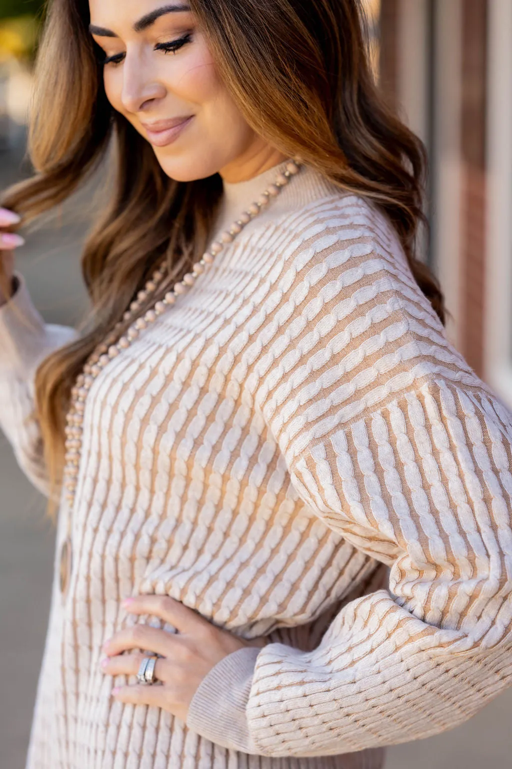 Solid Trim Cable Knit Sweater Dress