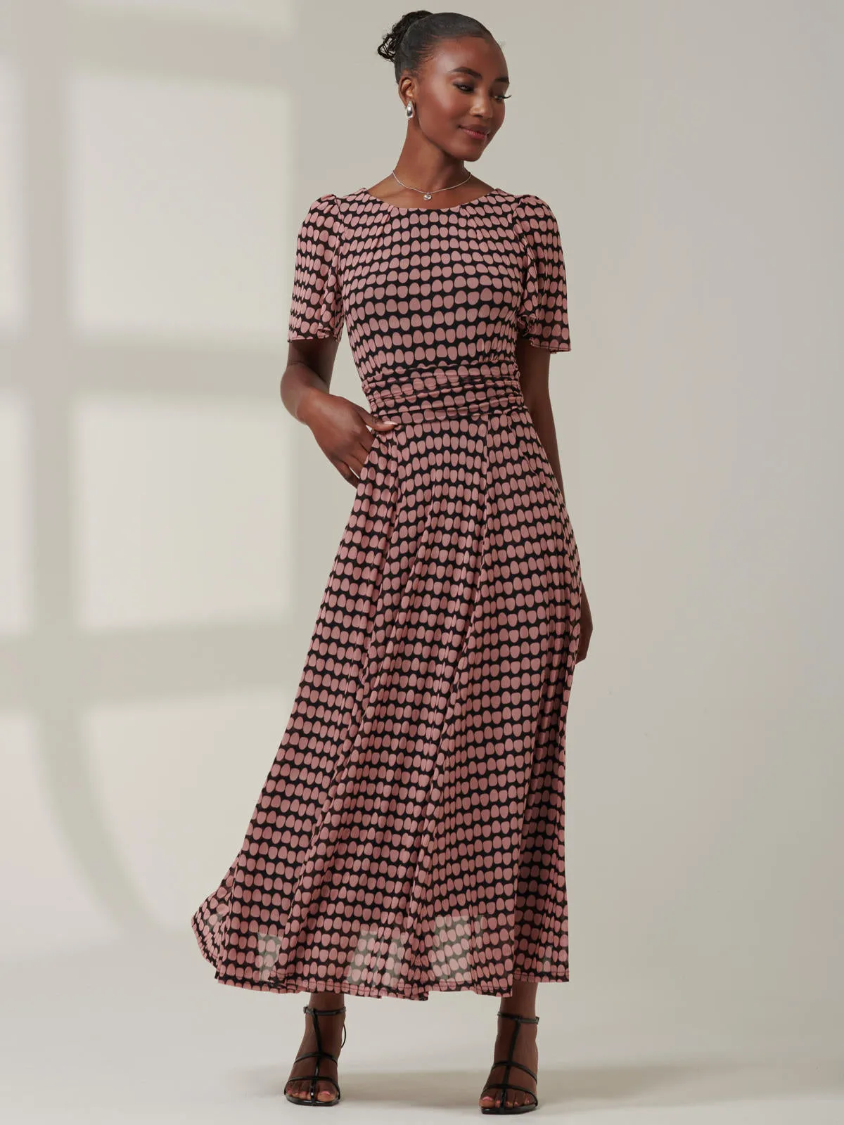 Spot Print Mesh Maxi Dress, Pink Geo