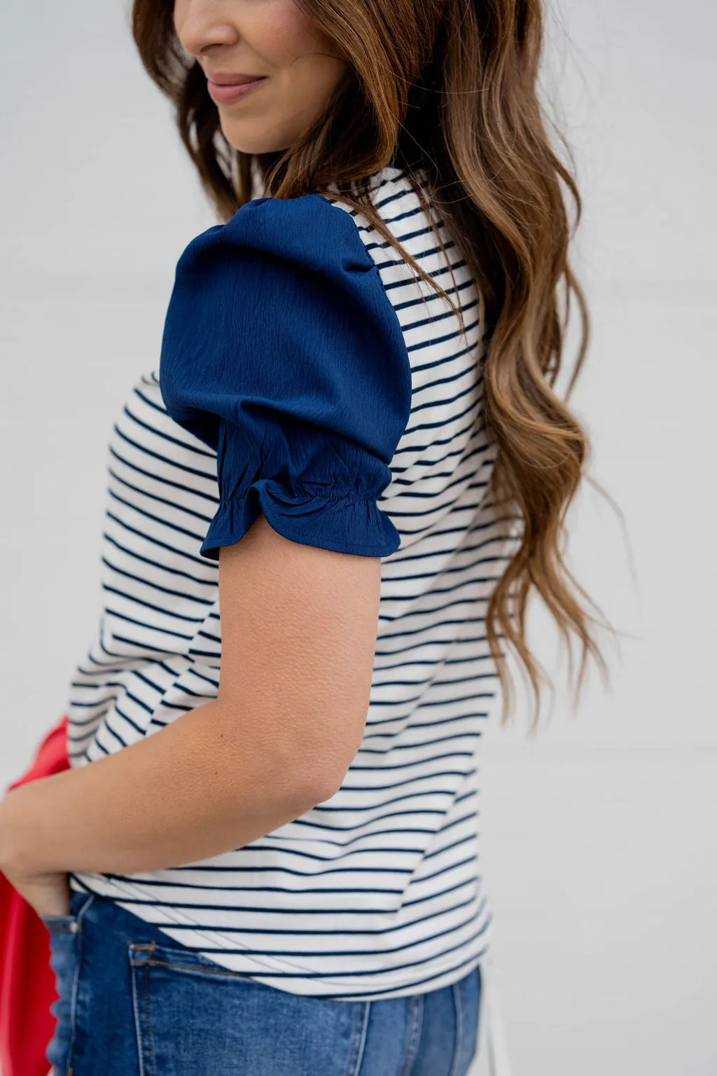 Striped Solid Puff Sleeve Tee