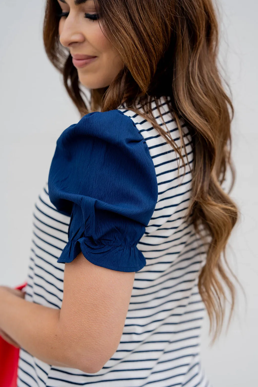 Striped Solid Puff Sleeve Tee