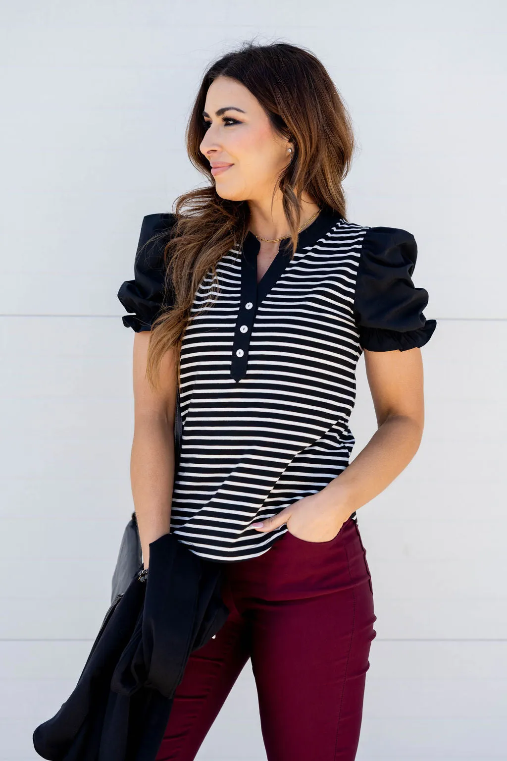 Striped Solid Puff Sleeve Tee