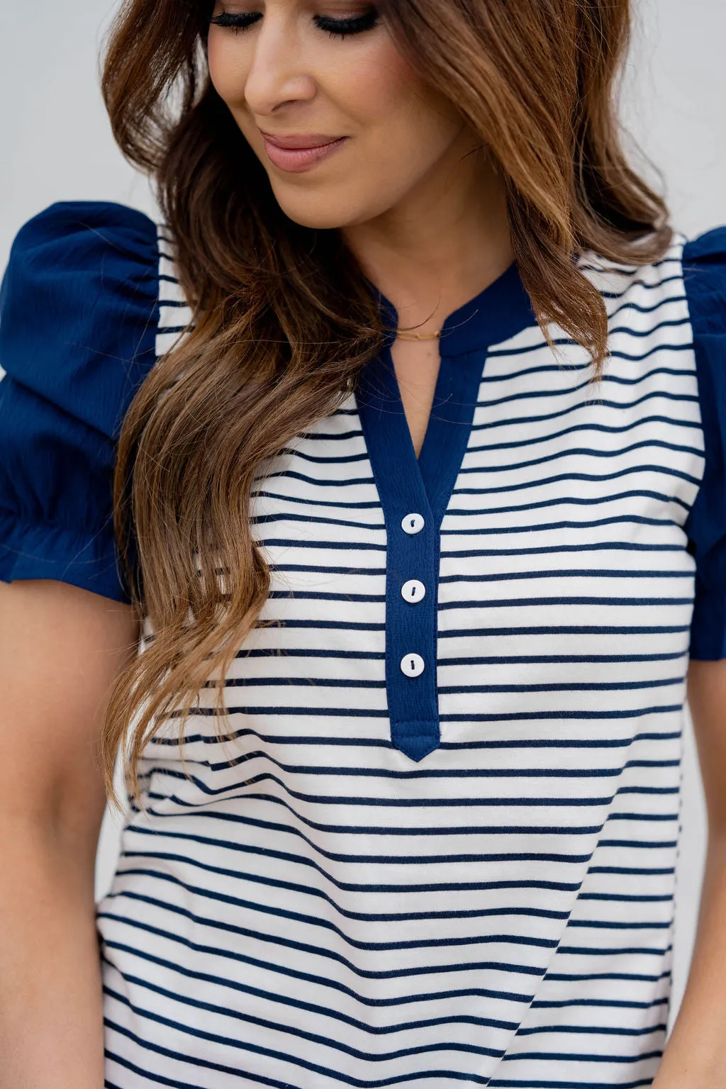 Striped Solid Puff Sleeve Tee