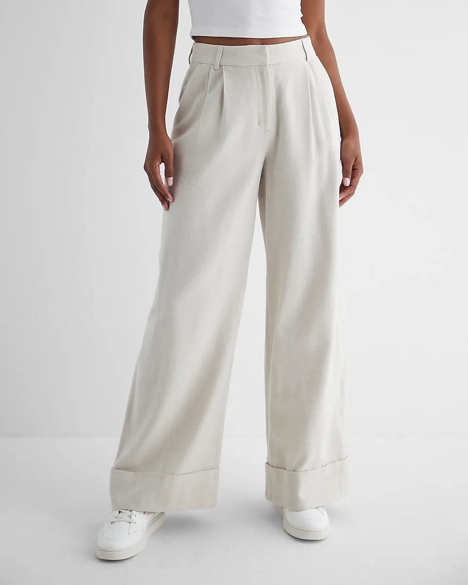 Stylist High Waisted Luxe Lounge Twill Cuffed Wide Leg Pant in Oatmeal Heather