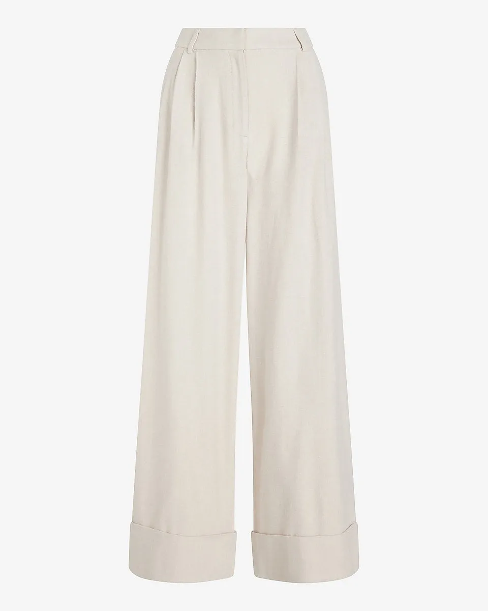 Stylist High Waisted Luxe Lounge Twill Cuffed Wide Leg Pant in Oatmeal Heather