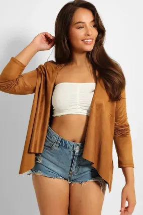 Tan Thin Faux Suede Open Front Blazer