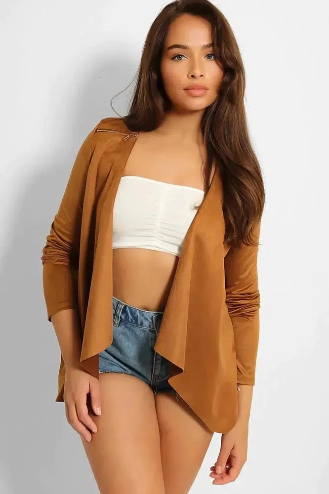 Tan Thin Faux Suede Open Front Blazer