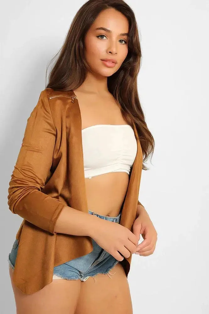 Tan Thin Faux Suede Open Front Blazer