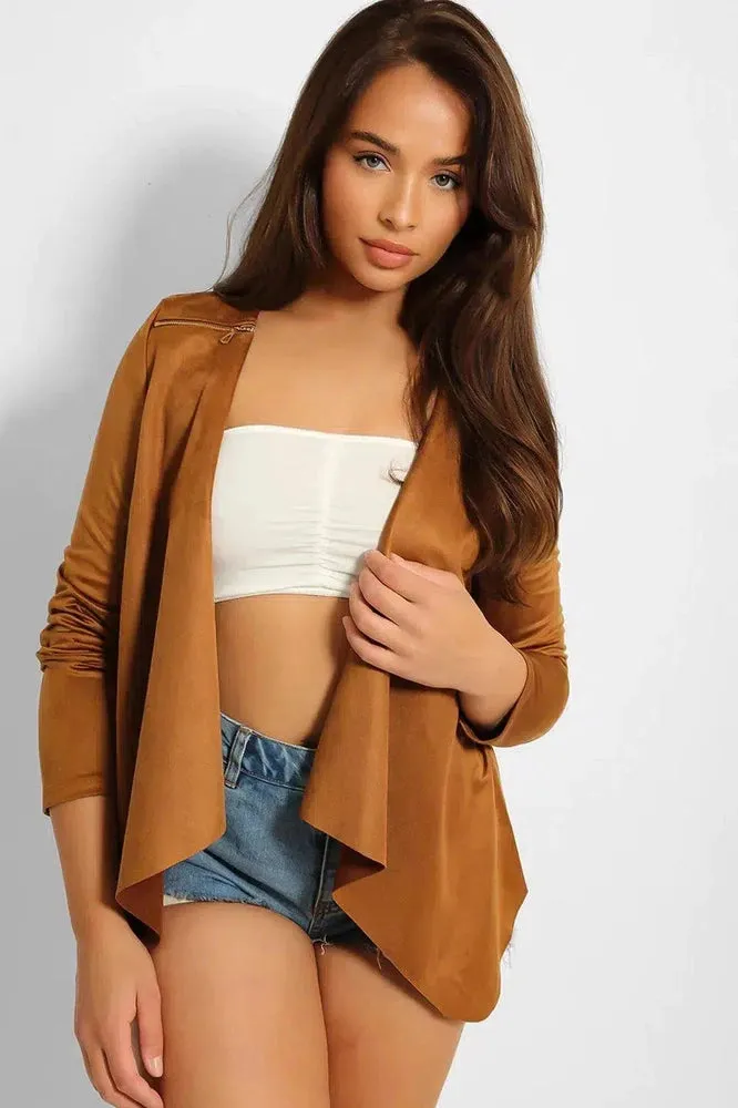 Tan Thin Faux Suede Open Front Blazer