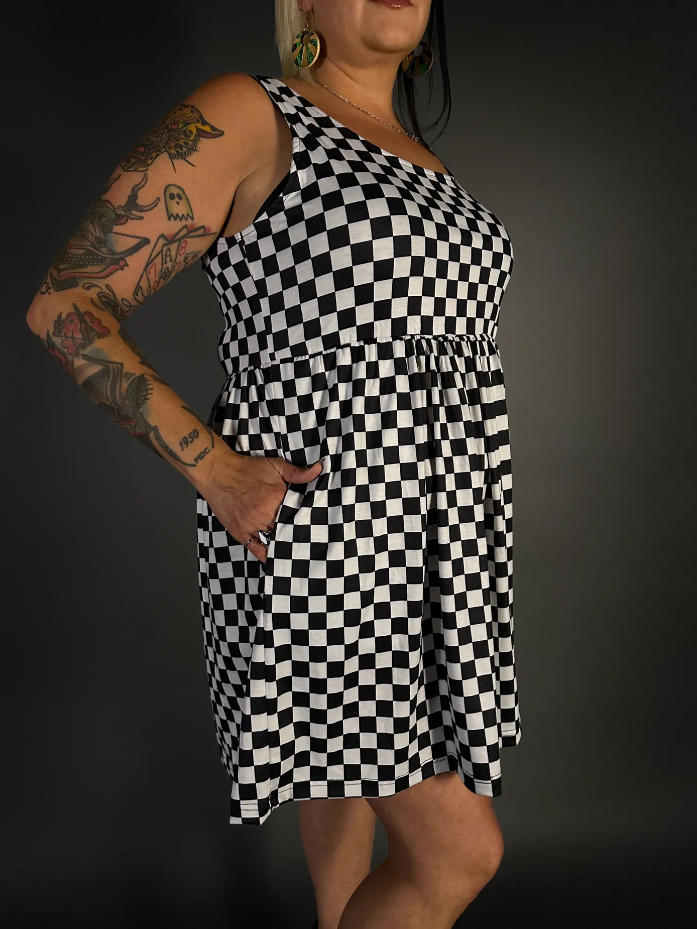 Tommyrot Checkered Sleeveless Stretch Skater Dress with Pockets