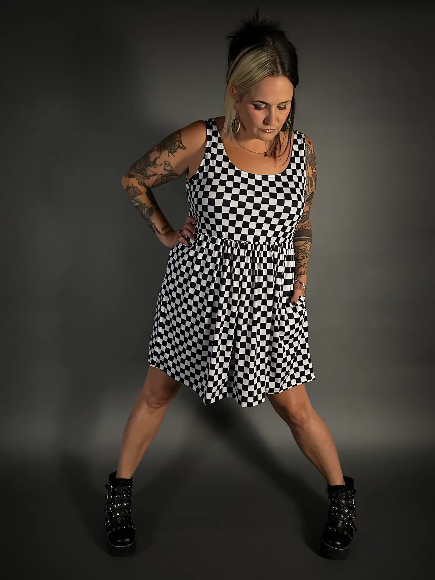 Tommyrot Checkered Sleeveless Stretch Skater Dress with Pockets